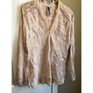 Johnny Was Blush Cream Embroidered V-Neck Peasant Blouse